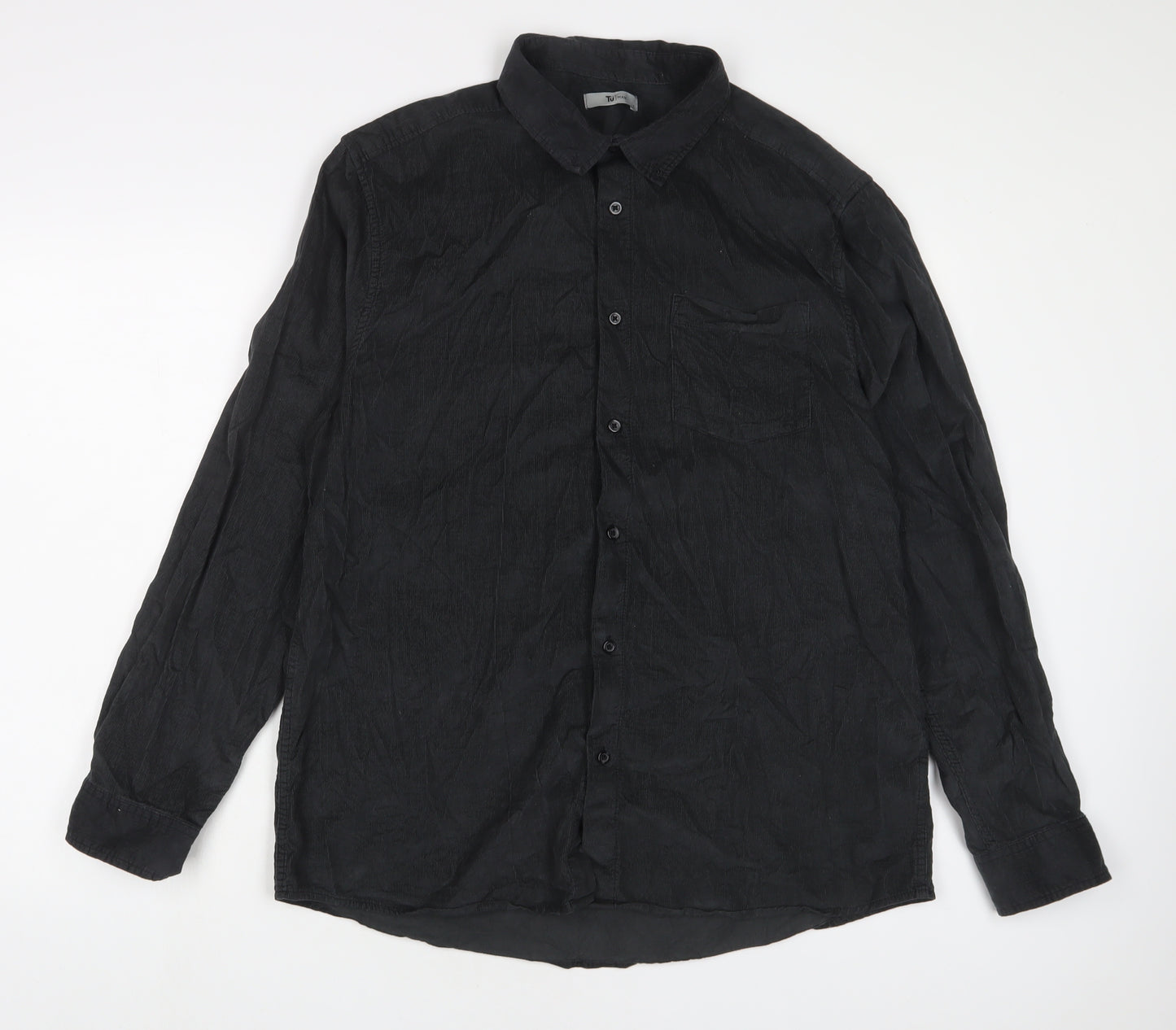 TU Mens Grey Cotton Button-Up Size L Collared Button