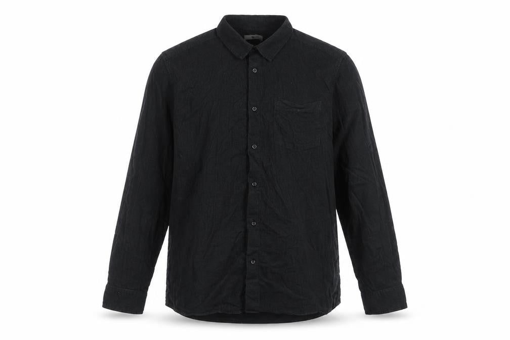 Front view of Tu men’s grey cotton button-up, size L, collared button