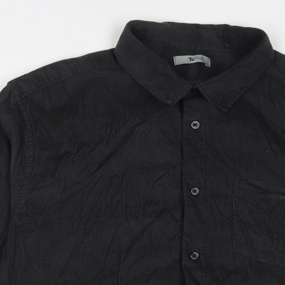 TU Mens Grey Cotton Button-Up Size L Collared Button