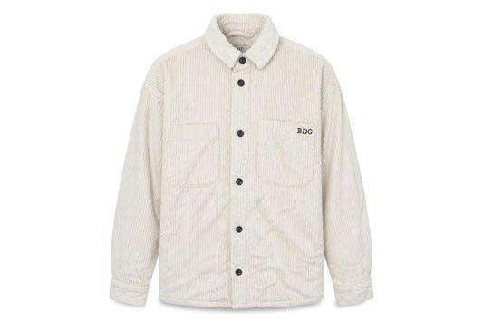Front view of BDG men’s ivory cotton button-up, size S, collared button