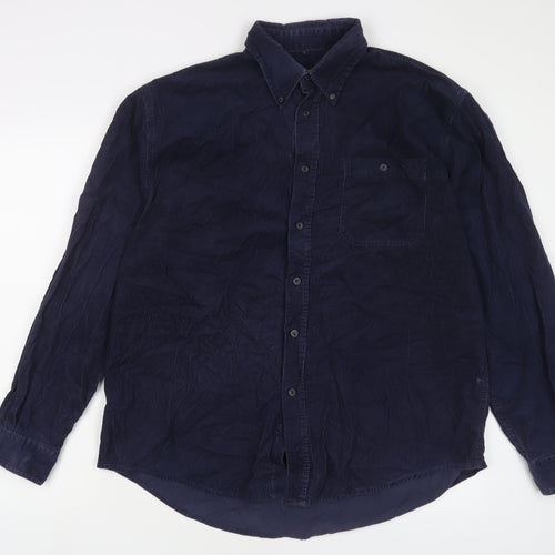 Camargue Mens Blue Cotton Button-Up Size L Collared Button