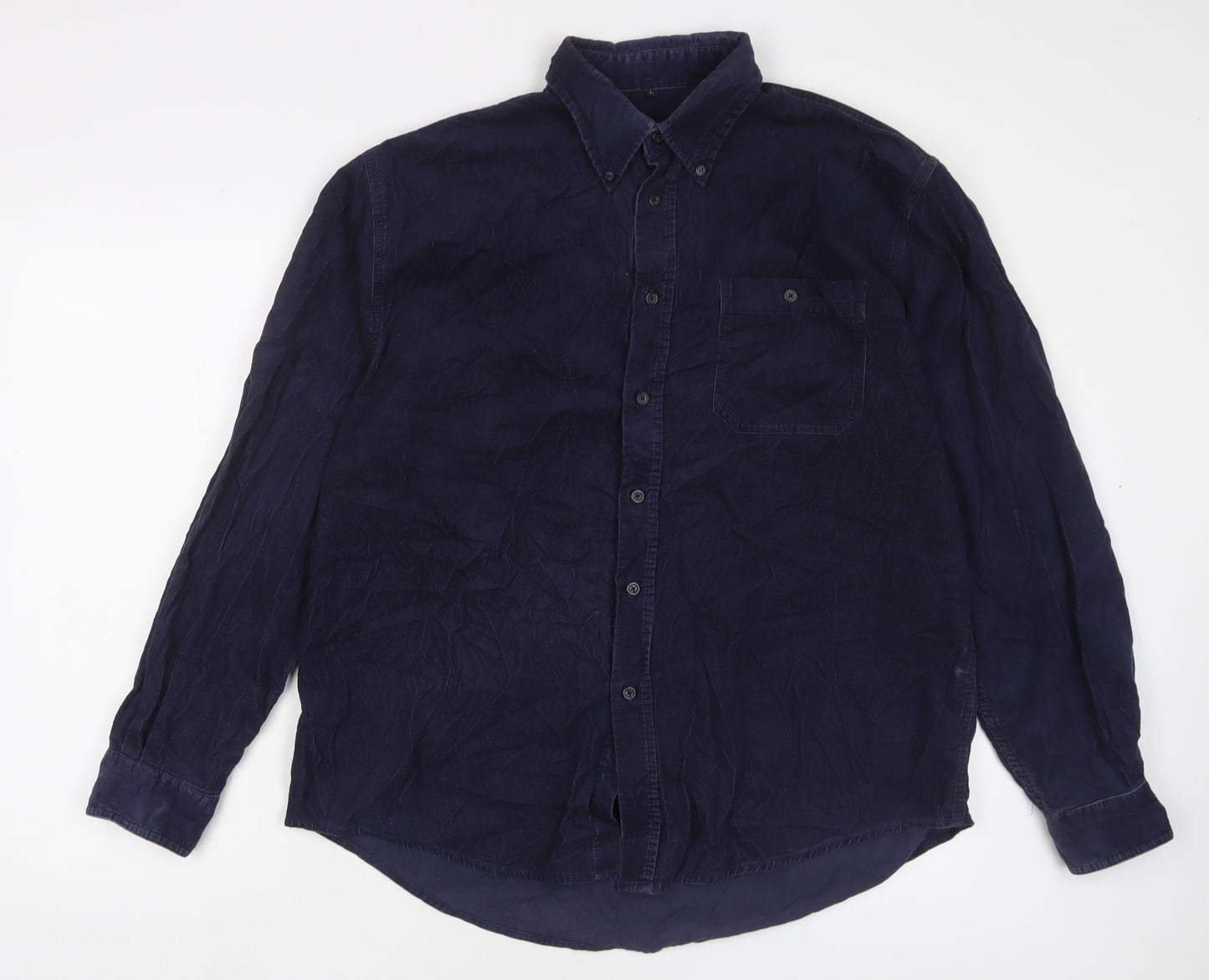 Camargue Mens Blue Cotton Button-Up Size L Collared Button