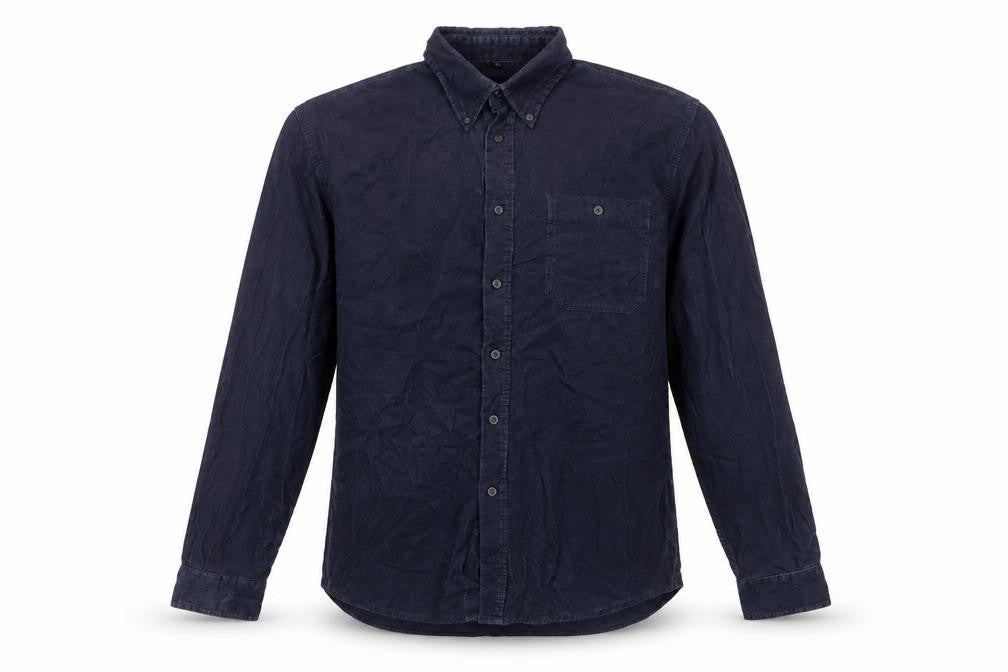 Front view of Camargue men’s blue cotton button-up, size L, collared button