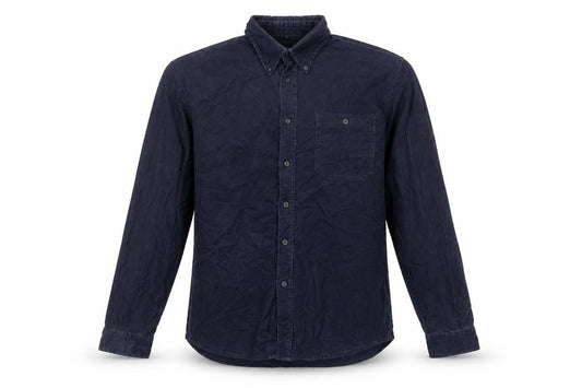 Front view of Camargue men’s blue cotton button-up, size L, collared button