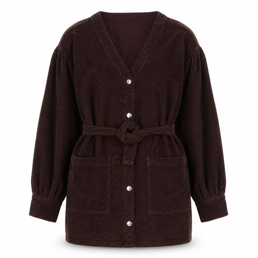 Front view of ASOS women’s brown cotton sheath, size UK 10, v-neck button - belted