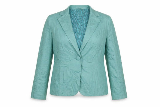 Front view of Per Una women’s blue jacket blazer, size UK 16, button
