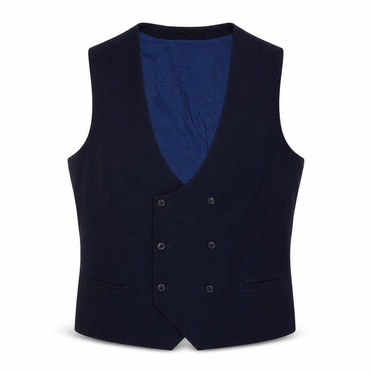 Front view of ONESIX5IVE men’s blue polyester jacket suit waistcoat, size 46, regular