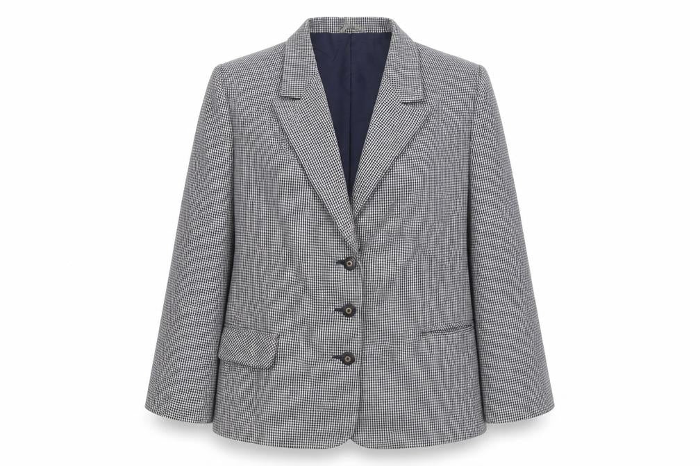 Front view of Julius women’s blue herringbone jacket blazer, size UK 16, button