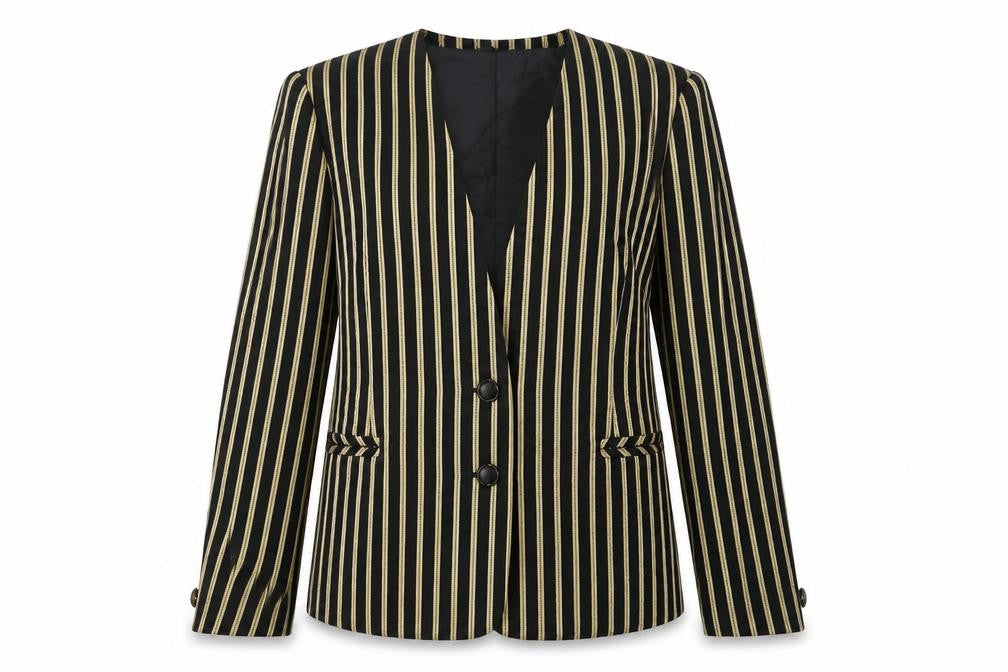 Front view of Precis women’s black striped jacket, size UK 8, button