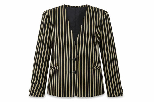 Front view of Precis women’s black striped jacket, size UK 8, button