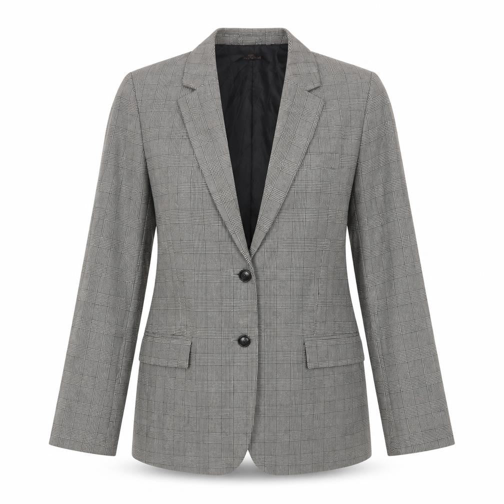 Front view of Next women’s grey plaid jacket blazer, size UK 12, button