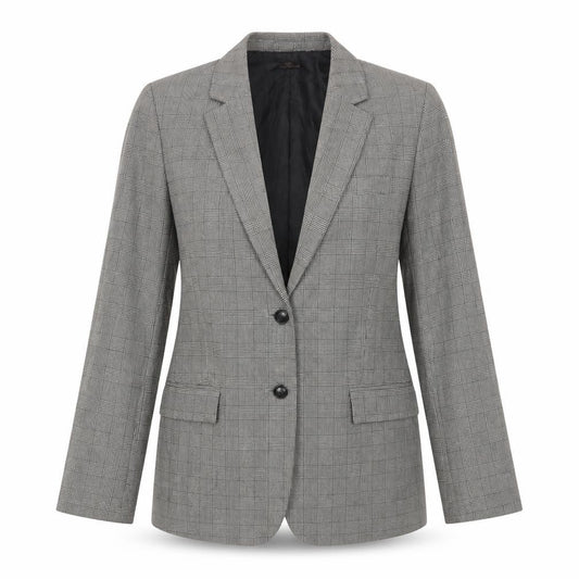 Front view of Next women’s grey plaid jacket blazer, size UK 12, button