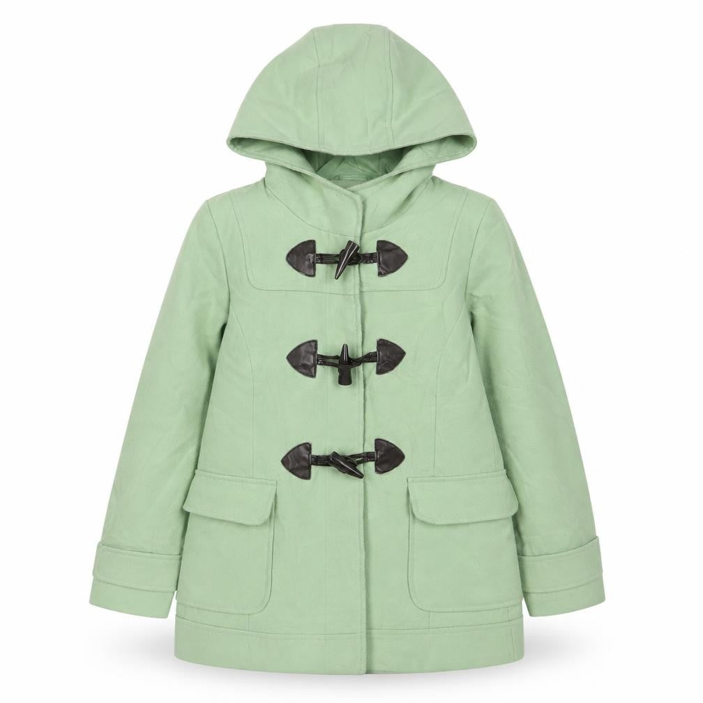 Front view of Next girls’ green overcoat coat, size 9-10, years button