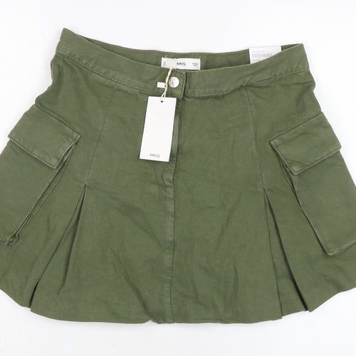 MNG Womens Green Cotton Flare Skirt Size 8 Zip