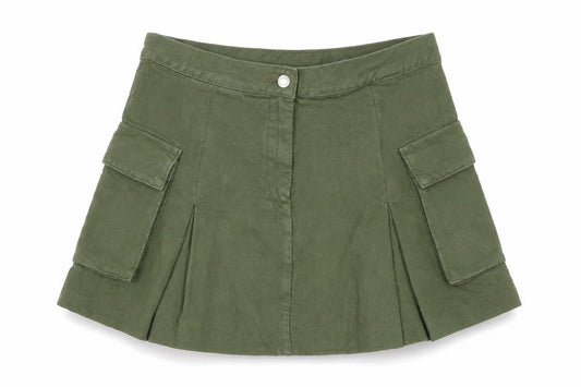 Front view of Mango women’s green cotton flare skirt, size UK 8, zip