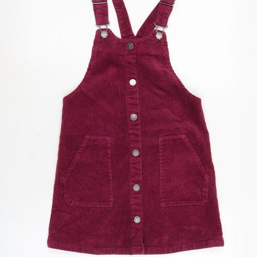 NEXT Girls Purple Cotton Pinafore/Dungaree Dress Size 10 Years Square Neck Snap - Pit to pit 6.5 In - Adjustable straps.