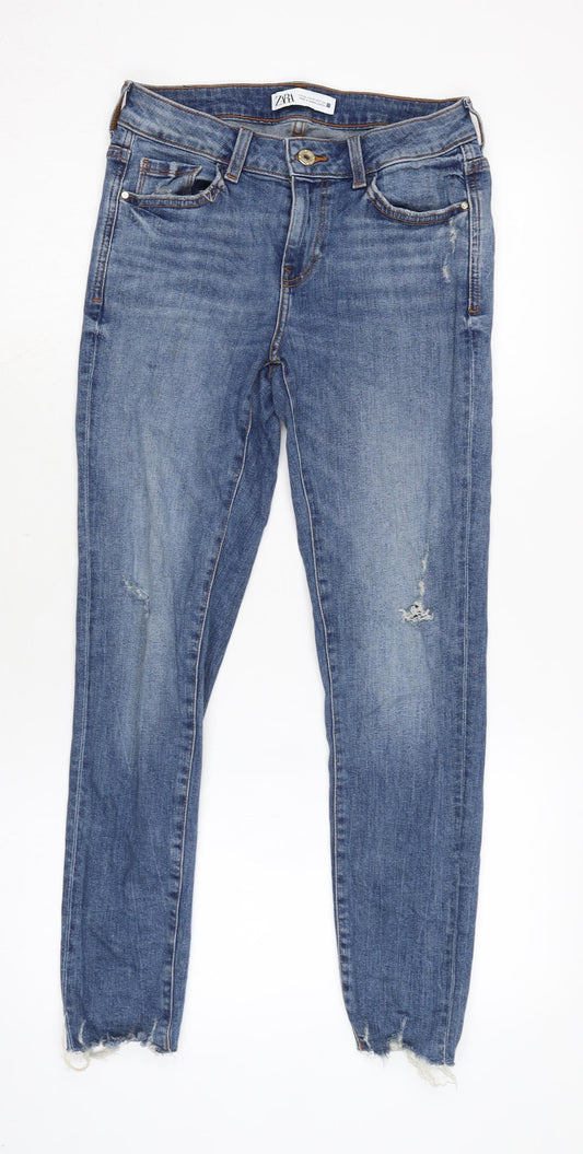 Front view of Zara women’s blue cotton blend tapered jeans, size UK 24, in, 24-inch leg regular zip