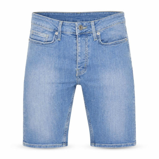 Front view of Topman women’s blue cotton bermuda shorts, size UK 26, in, 10-inch leg regular zip