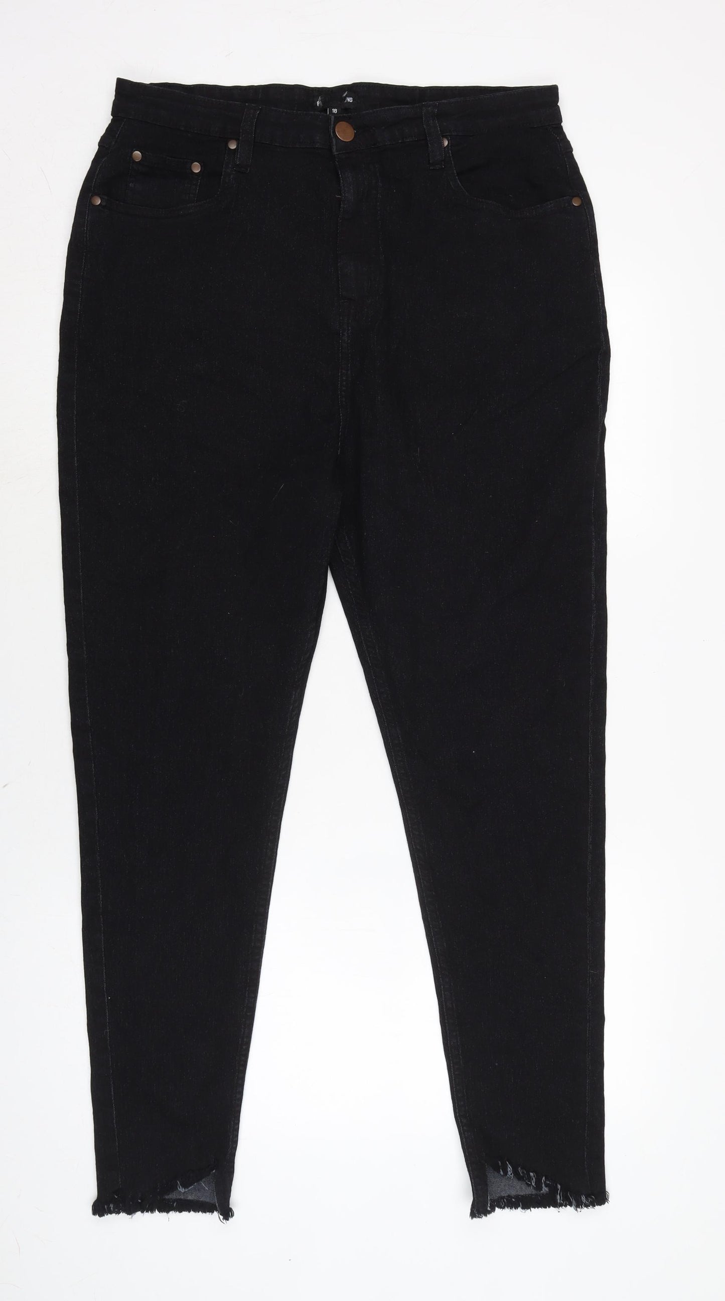 PRETTYLITTLETHING Womens Black Cotton Blend Straight Jeans Size 18 L28 in Regular Zip - Raw Hem