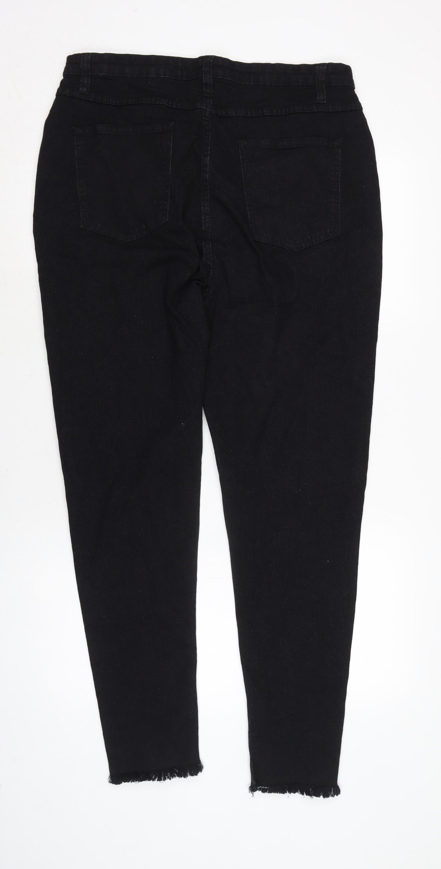 PRETTYLITTLETHING Womens Black Cotton Blend Straight Jeans Size 18 L28 in Regular Zip - Raw Hem