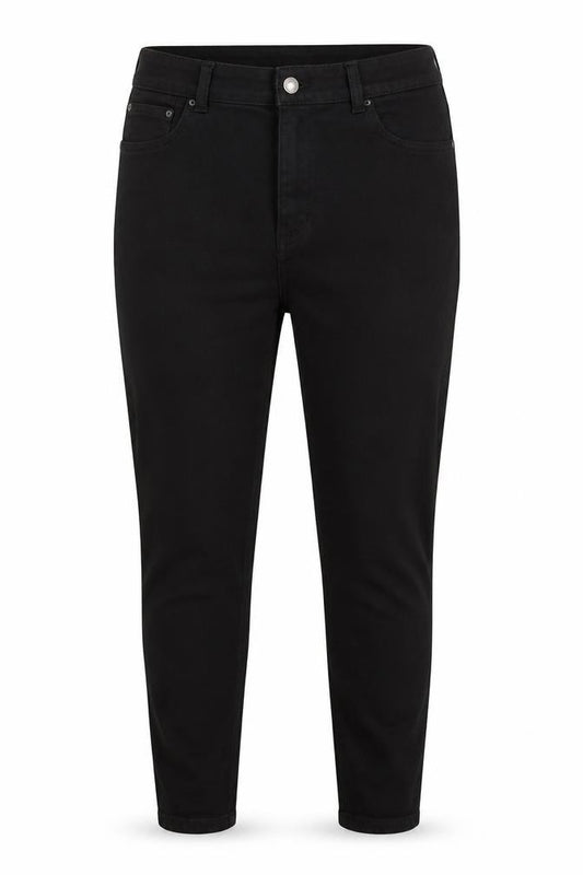 Front view of Denim & Co. women’s black cotton blend tapered jeans, size UK 16, 27-inch leg regular zip
