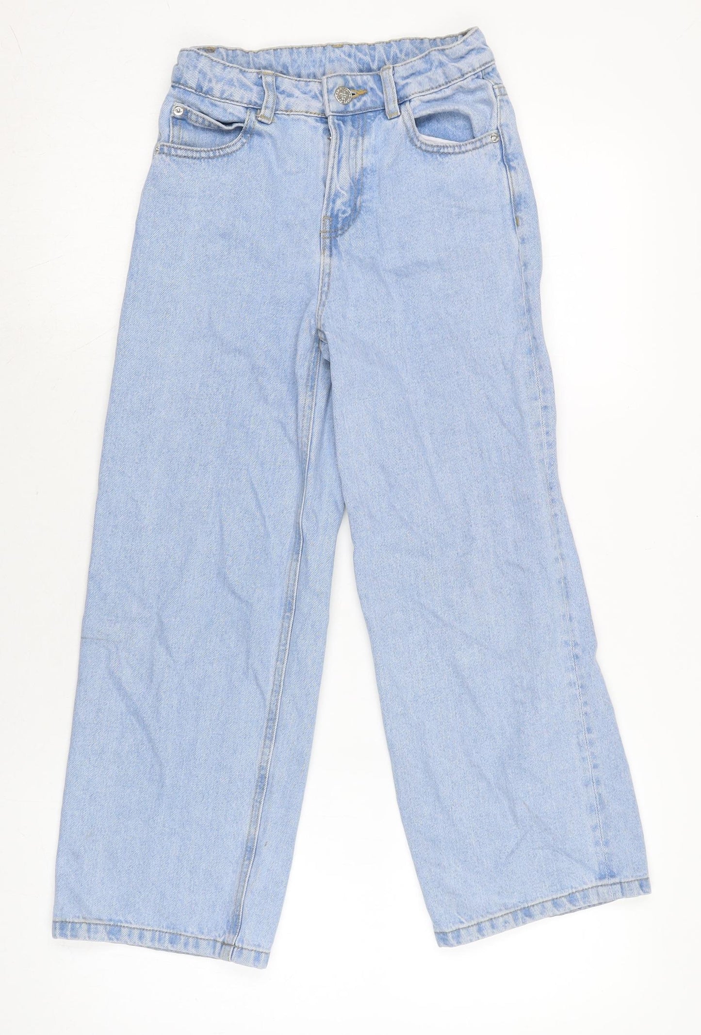 Marks and Spencer Girls Blue Cotton Wide-Leg Jeans Size 9-10 Years L22 in Regular Zip