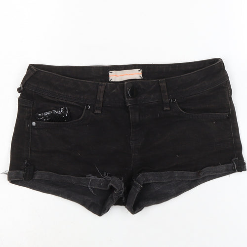 Topshop Womens Black Cotton Basic Shorts Size 28 in Regular Zip - Sequins to front and back.