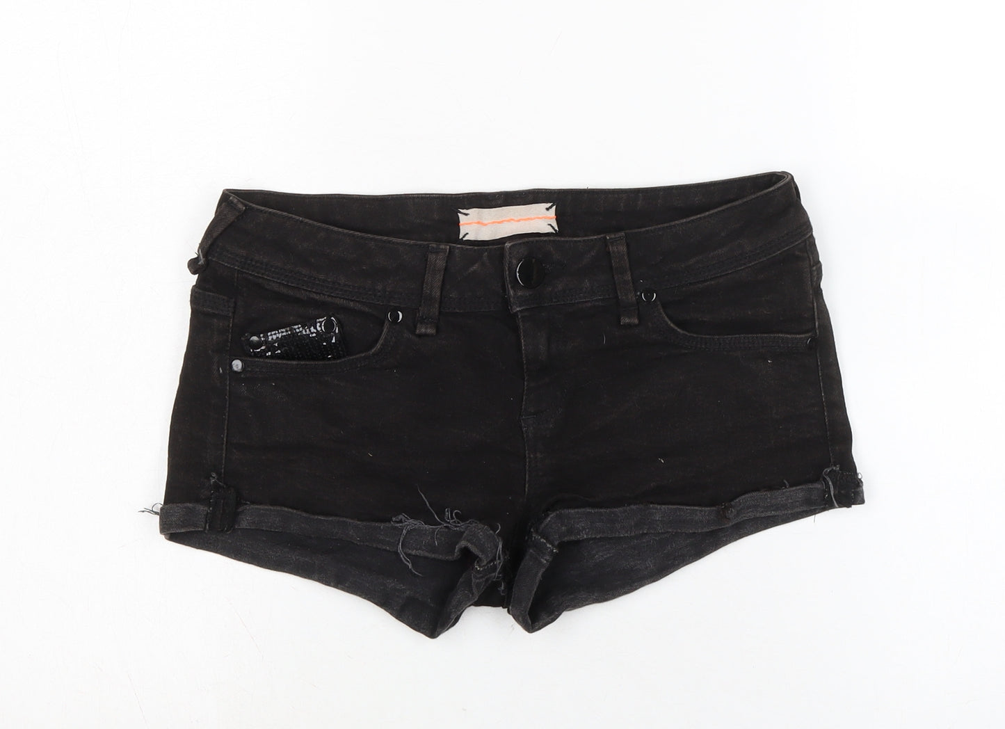 Topshop Womens Black Cotton Basic Shorts Size 28 in Regular Zip - Sequins to front and back.