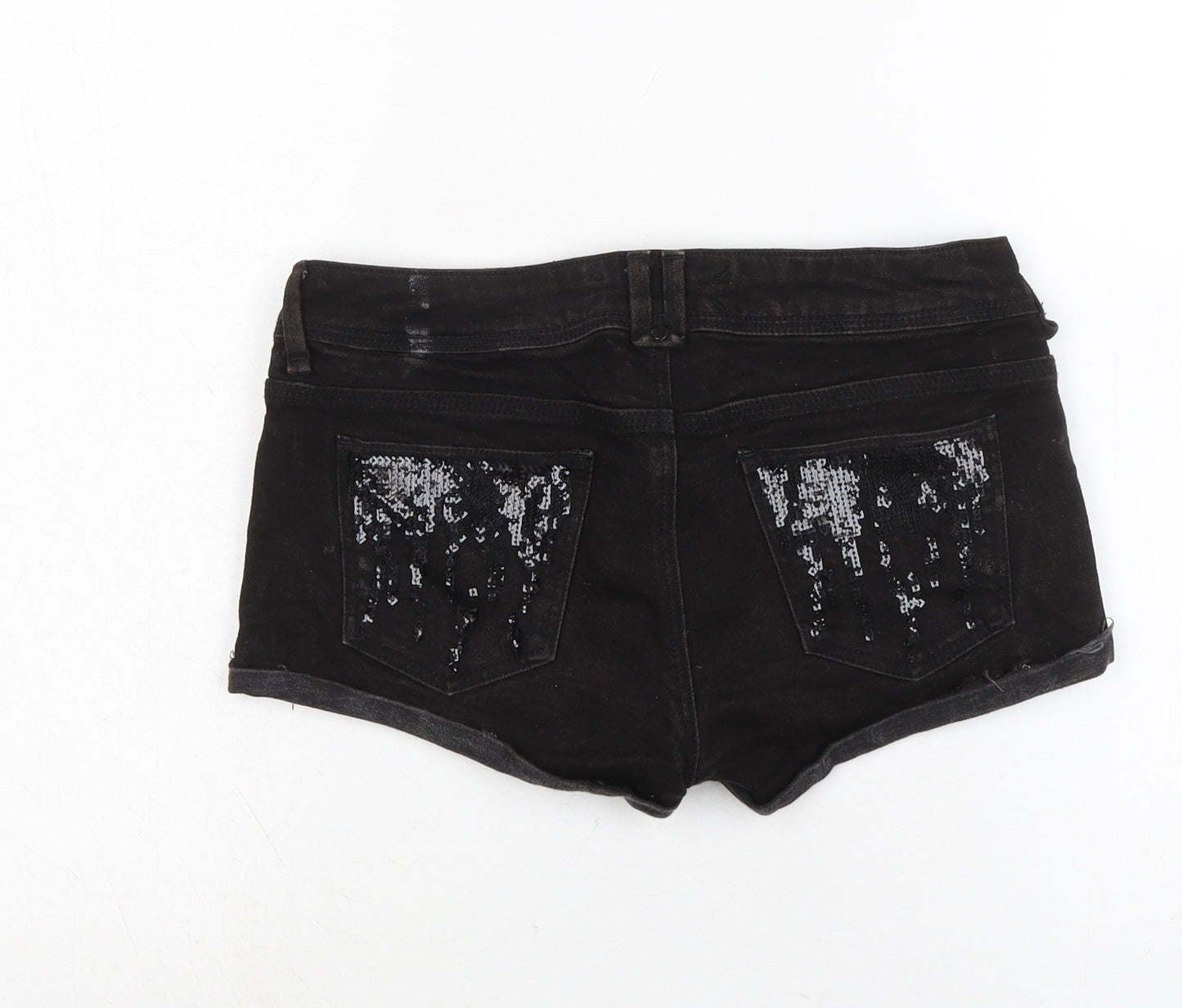 Topshop Womens Black Cotton Basic Shorts Size 28 in Regular Zip - Sequins to front and back.