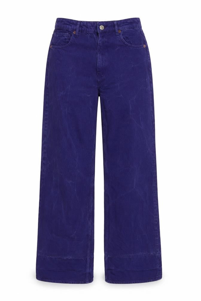 Front view of Zara women’s purple cotton wide-leg jeans, size UK 8, 34-inch leg regular zip