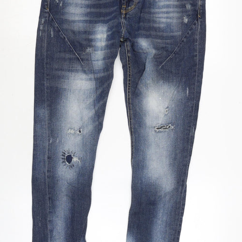 Zara Mens Blue Cotton Blend Tapered Jeans Size 31 in L28 in Regular Zip - Distressed