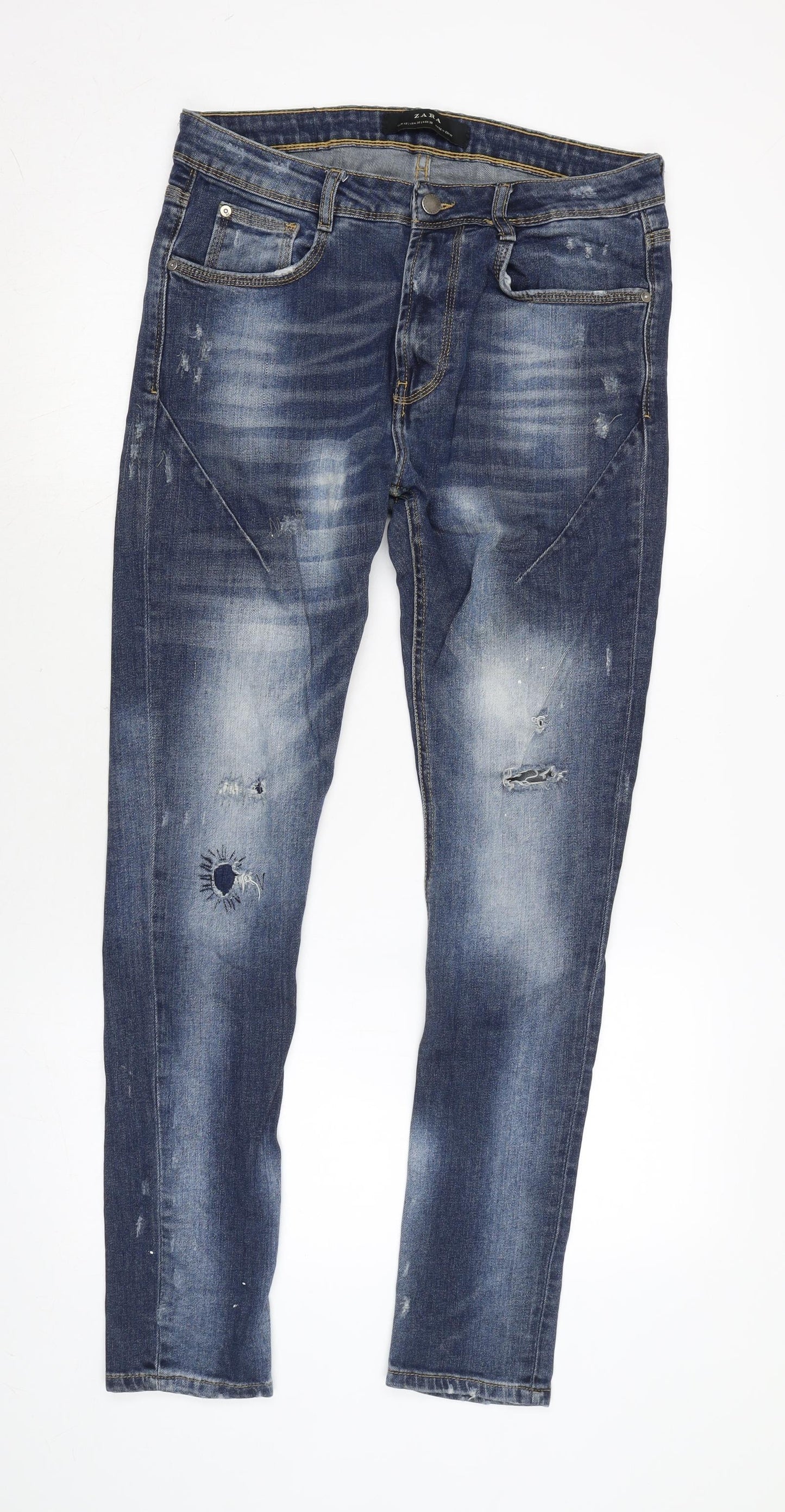 Zara Mens Blue Cotton Blend Tapered Jeans Size 31 in L28 in Regular Zip - Distressed