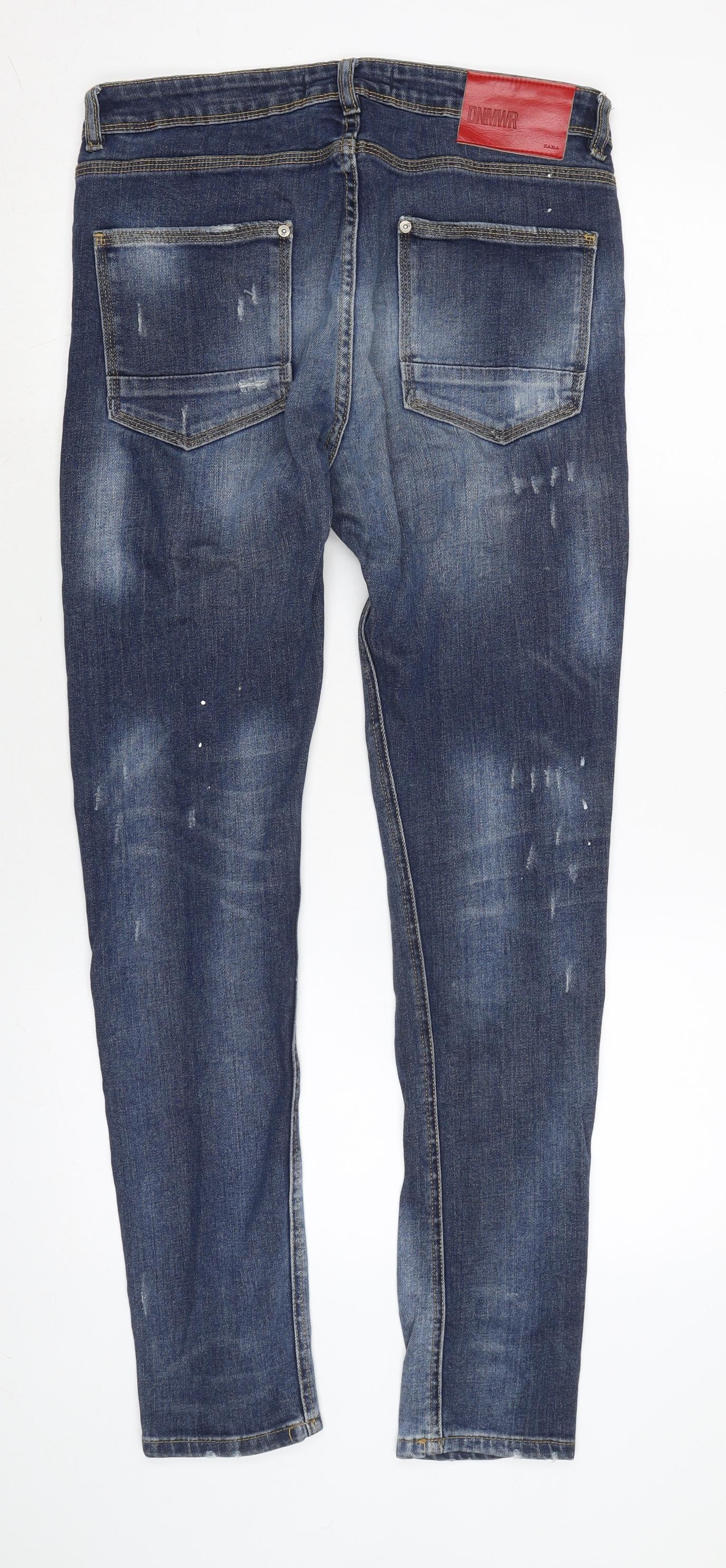 Zara Mens Blue Cotton Blend Tapered Jeans Size 31 in L28 in Regular Zip - Distressed