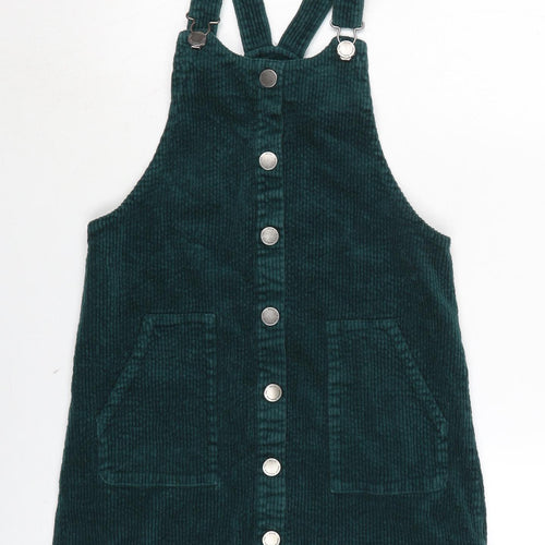 NEXT Girls Green Cotton Pinafore/Dungaree Dress Size 12 Years Square Neck Snap - Adjustable Straps