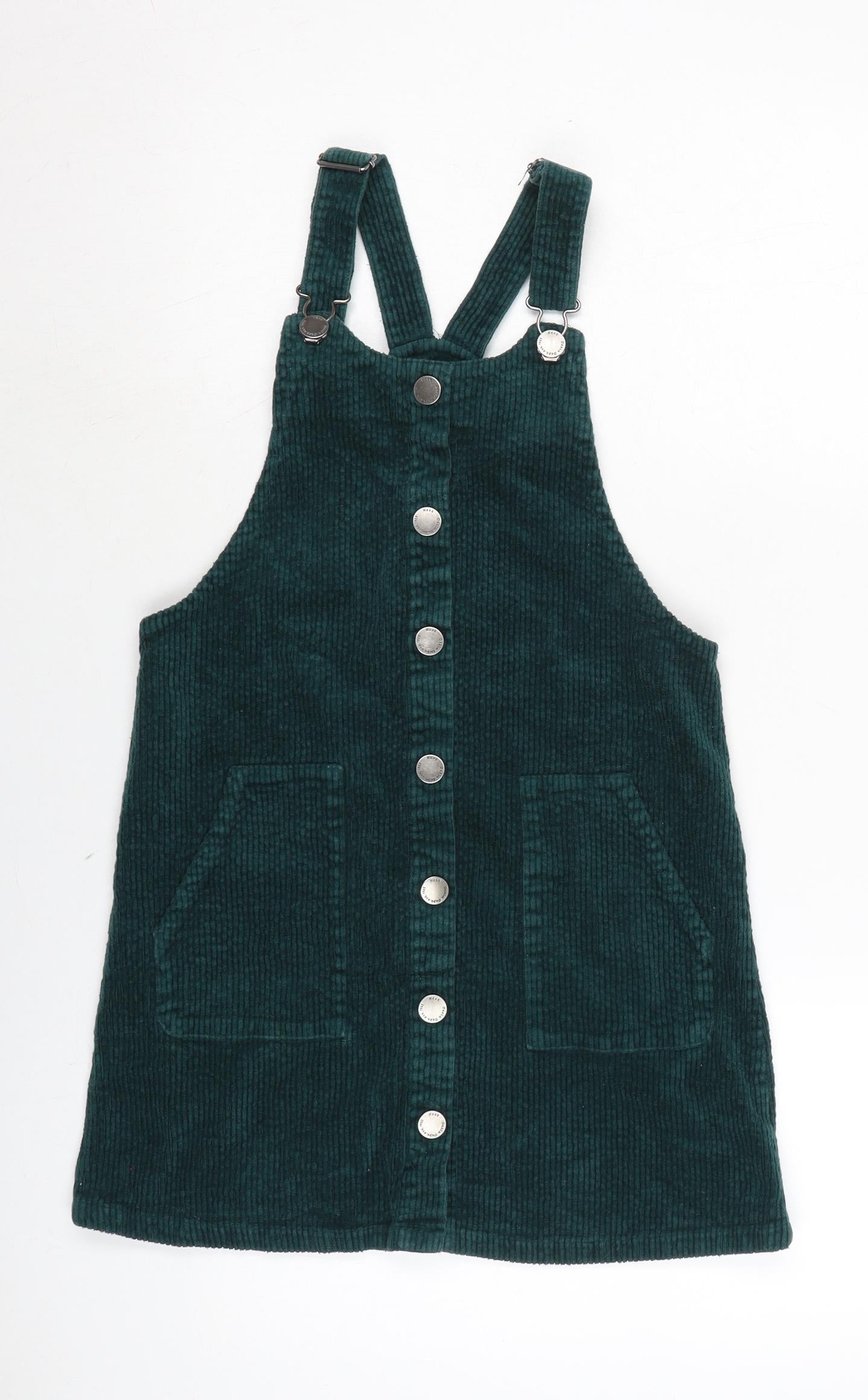 NEXT Girls Green Cotton Pinafore/Dungaree Dress Size 12 Years Square Neck Snap - Adjustable Straps