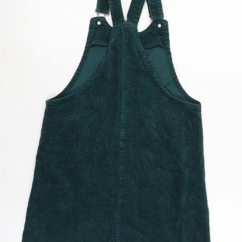 NEXT Girls Green Cotton Pinafore/Dungaree Dress Size 12 Years Square Neck Snap - Adjustable Straps