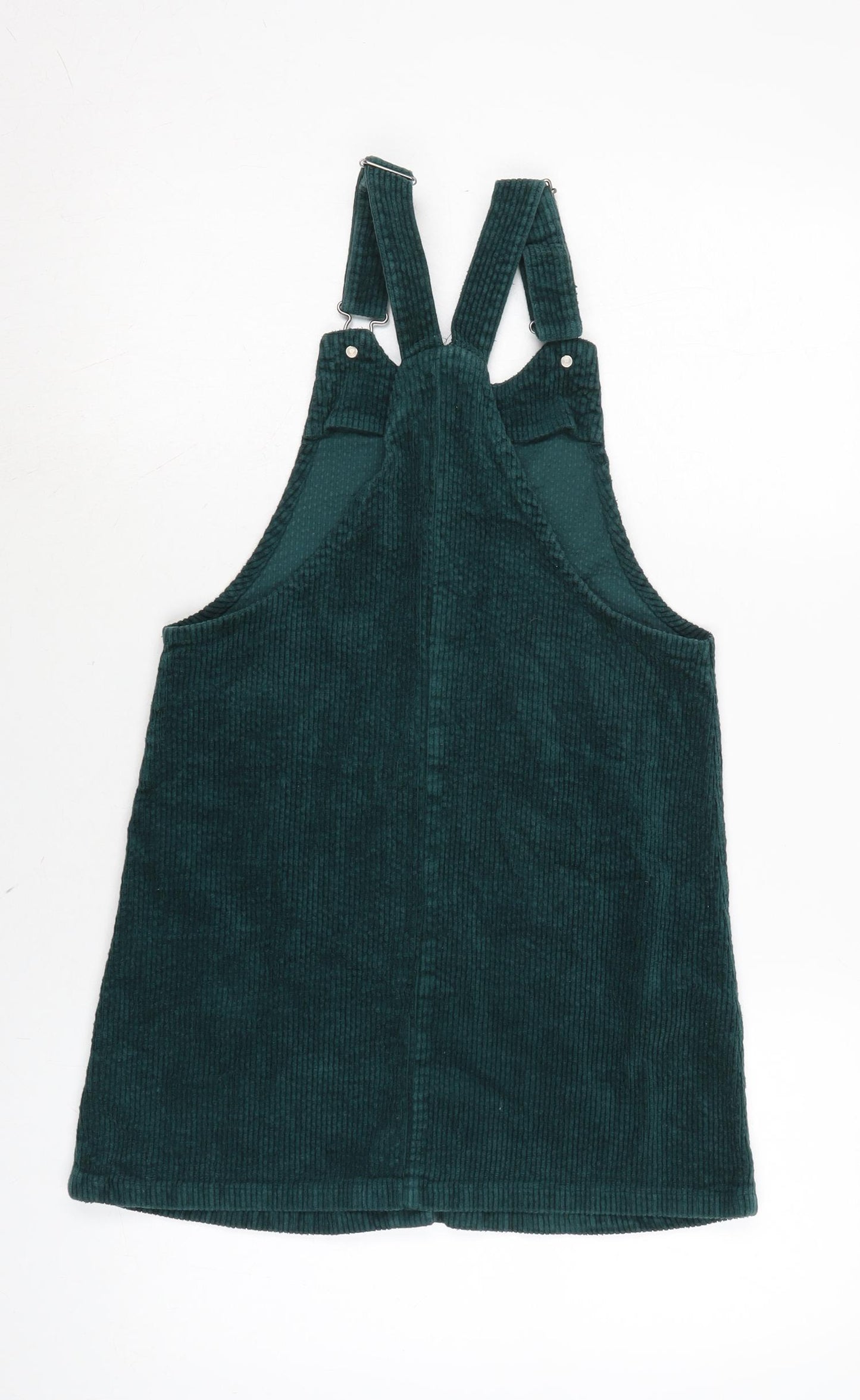 NEXT Girls Green Cotton Pinafore/Dungaree Dress Size 12 Years Square Neck Snap - Adjustable Straps