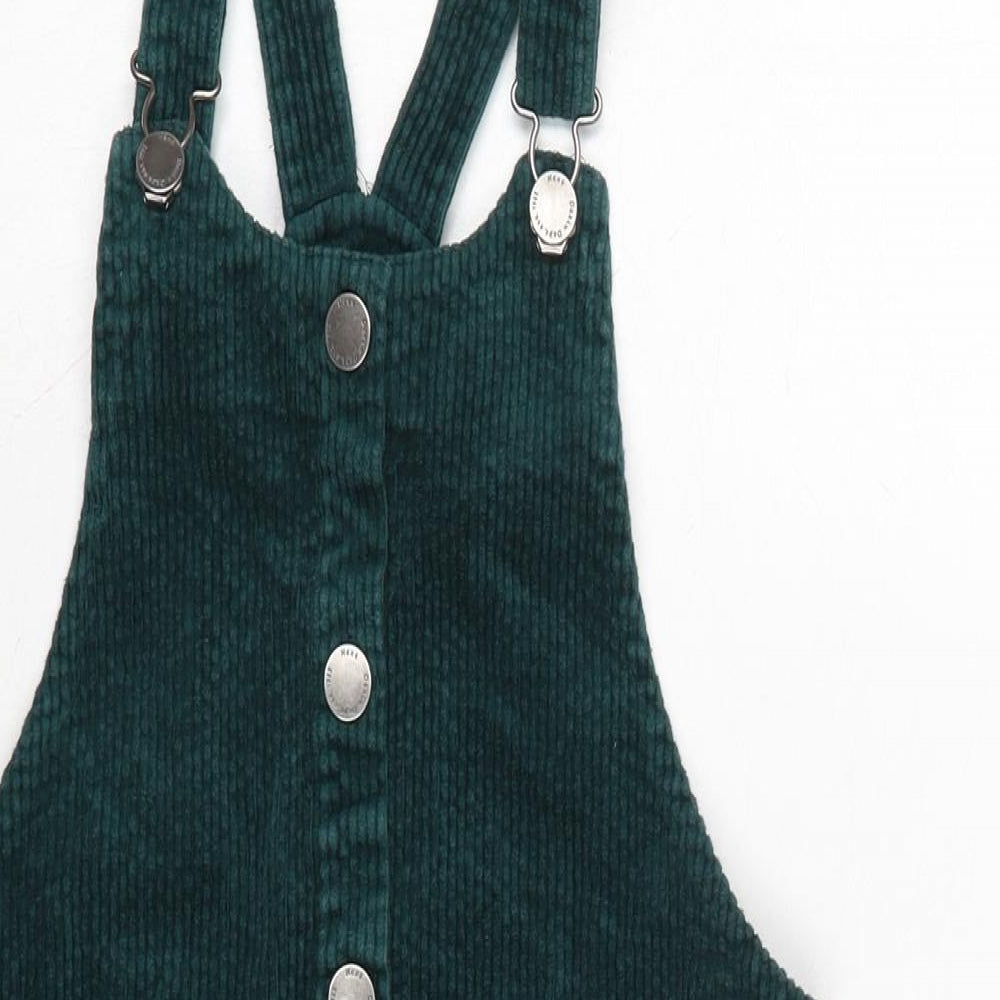 NEXT Girls Green Cotton Pinafore/Dungaree Dress Size 12 Years Square Neck Snap - Adjustable Straps