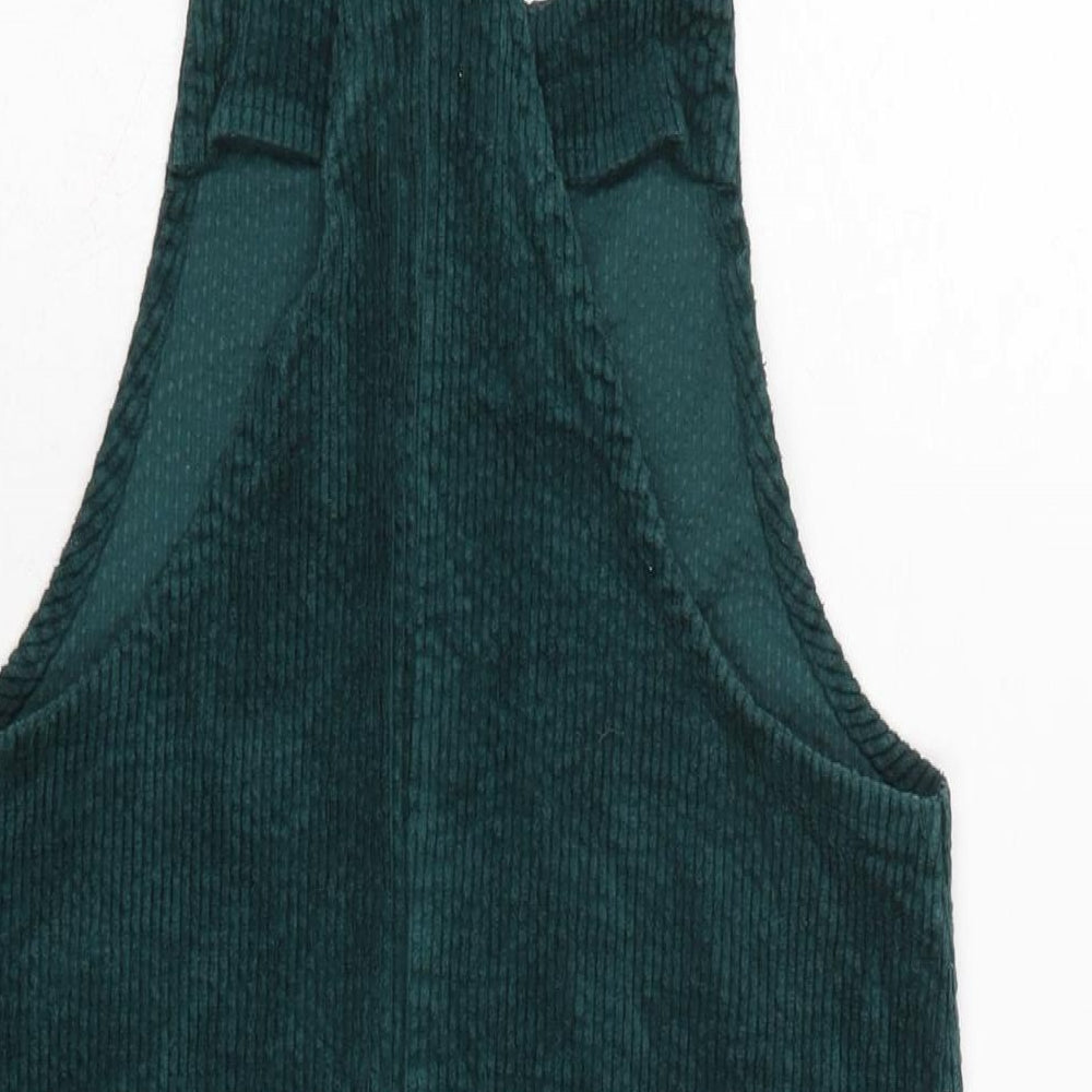 NEXT Girls Green Cotton Pinafore/Dungaree Dress Size 12 Years Square Neck Snap - Adjustable Straps