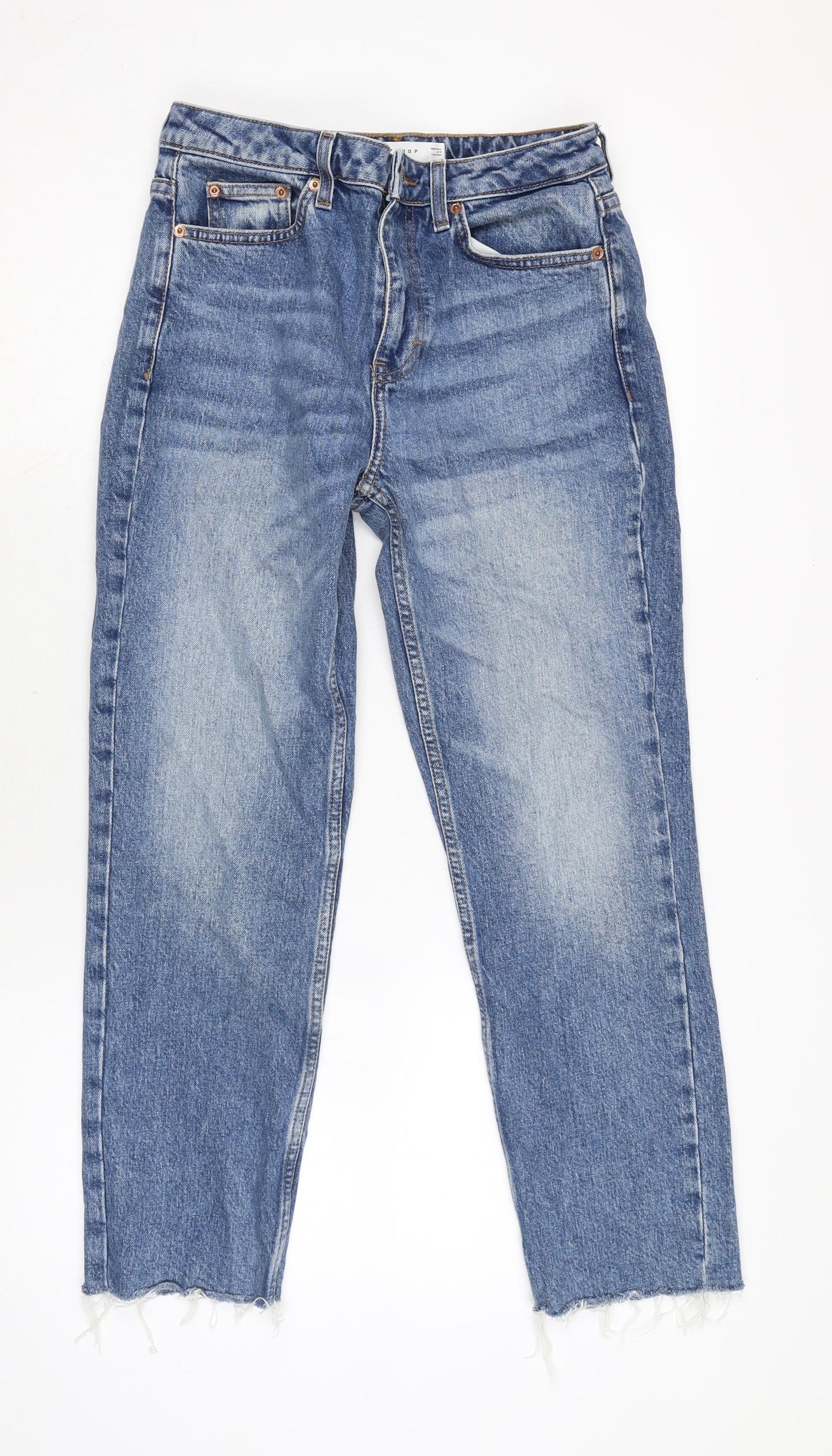 Topshop Womens Blue Cotton Straight Jeans Size 28 in L25.5 in Regular Zip - Raw Hem