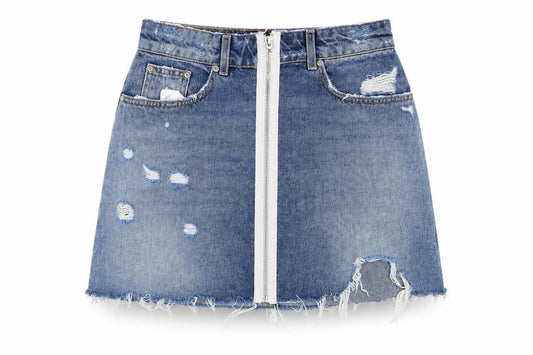Front view of Zara women’s blue cotton a-line skirt, size XS, zip - distressed