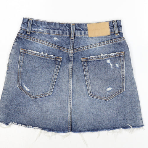 Zara Womens Blue Cotton A-Line Skirt Size XS Zip - Distressed