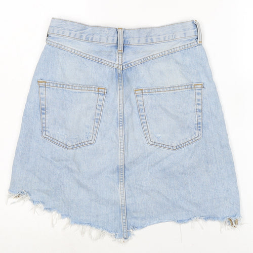 Zara Womens Blue Cotton A-Line Skirt Size S Zip - Distressed- Raw hem.