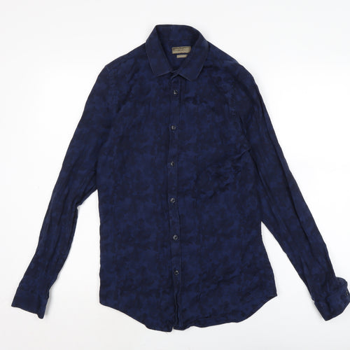 Zara Mens Blue Camouflage Cotton Button-Up Size S Collared Button