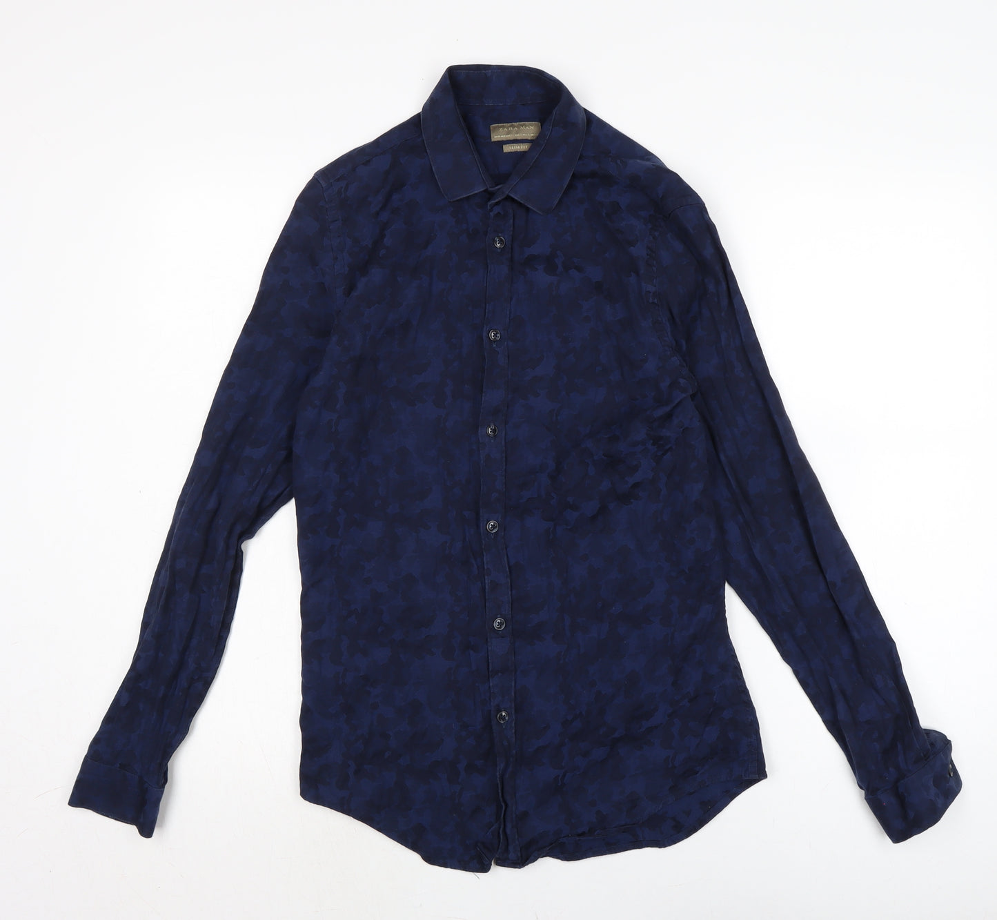 Zara Mens Blue Camouflage Cotton Button-Up Size S Collared Button