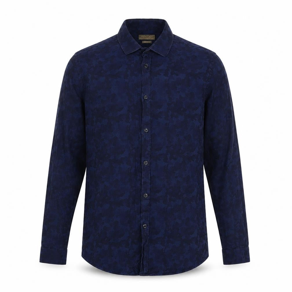 Front view of Zara men’s blue camouflage cotton button-up, size S, collared button