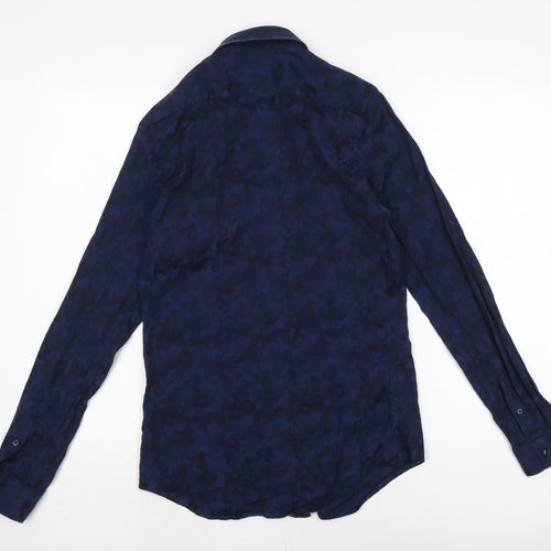 Zara Mens Blue Camouflage Cotton Button-Up Size S Collared Button