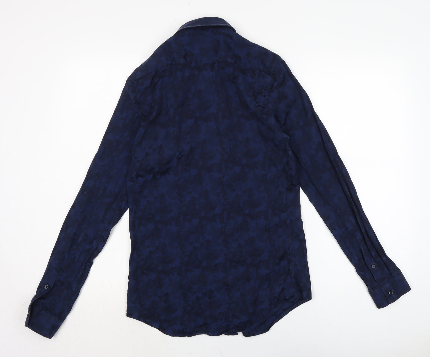 Zara Mens Blue Camouflage Cotton Button-Up Size S Collared Button
