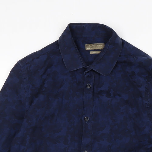 Zara Mens Blue Camouflage Cotton Button-Up Size S Collared Button