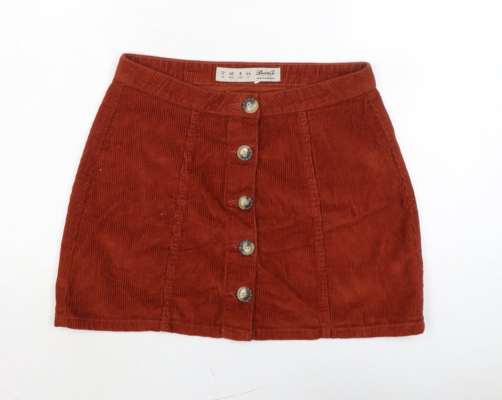Denim & Co. Womens Brown Cotton A-Line Skirt Size 12 Button